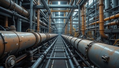 Industrial Pipeline System with Metal Pipes and Modern Machinery in a Factory Interior View