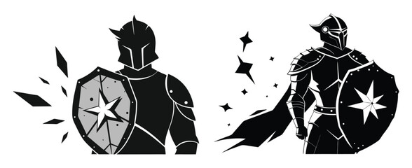 Silhouette of a medieval knight with a broken shield and cracked helmet, looking up at the stars, deep scars etched on armor