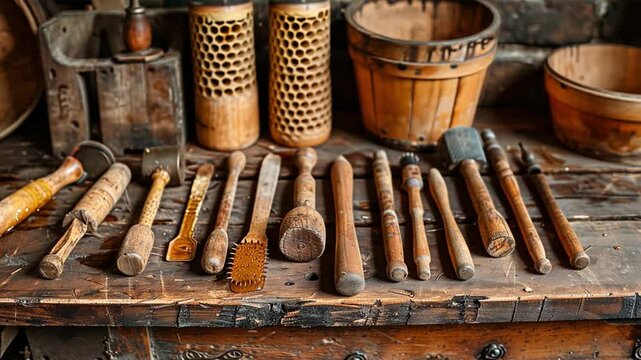 This Woodworking tools are carefully organized on a rustic workbench in a workshop setting.
