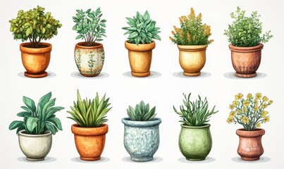 collection Set of different styles of retro vantage and modern vase and interior plants pots furniture cutouts isolated on white background - Generative AI
