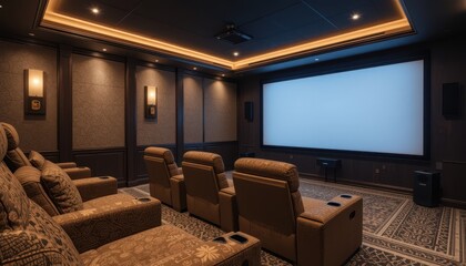 Cozy Home Theater with Plush Recliner Chairs and Large Screen for Movie Enjoyment