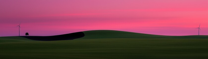 A scenic landscape featuring windmills and beautiful pink sunset clouds