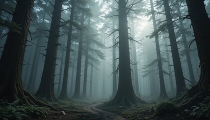 Obraz premium Mystical Forest Pathway Indulged in Fog and Sunlight Peeking Through Tall Evergreen Trees