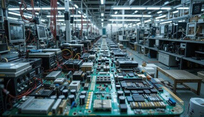 Fototapeta premium High-Tech Electronics Manufacturing Facility with Circuit Boards and Machinery in Focus