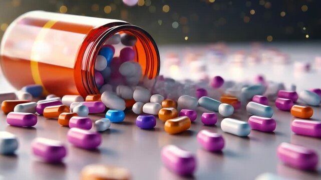 Pills rolling out from the bottle. Pharmaceutical Pills Spilled From A Bottle. Medicines, pills and tablets falling on the table background.