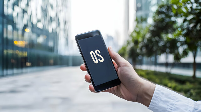 Hand Holding Smartphone Displaying OS Text with Blurred Background and City Scenery