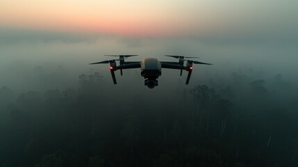 Fototapeta premium Drone hovering over a dense forest shrouded in morning fog