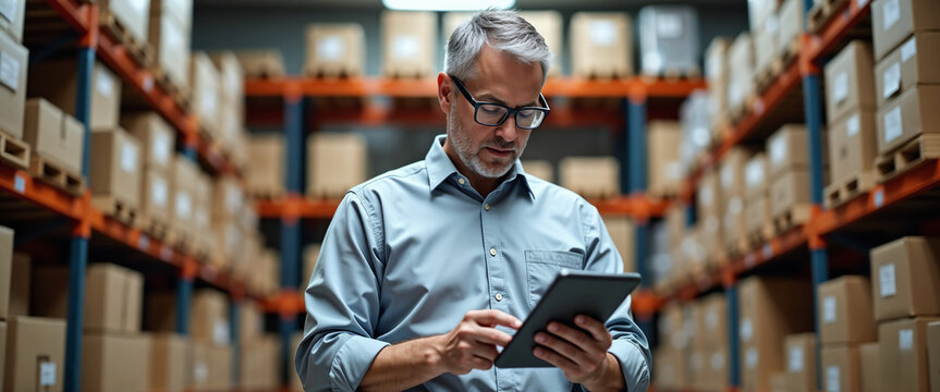 A senior individual inspects inventory in a vast warehouse, utilizing a tablet to manage tasks efficiently. Shelves of boxes create a professional setting for logistical operations and inventory