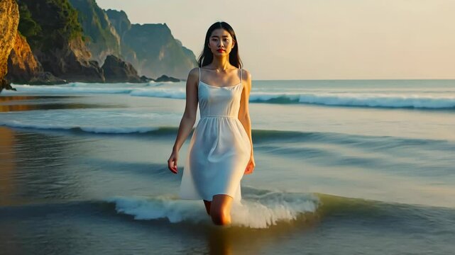 Serene woman in a white dress gently wading through the ocean waves at sunrise with rocky cliffs in the background