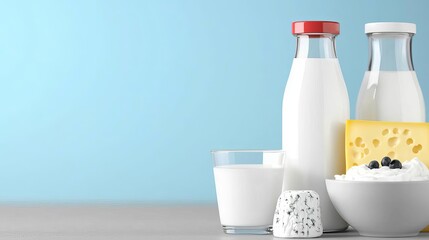 Fresh dairy products on a blue background. World Milk Day