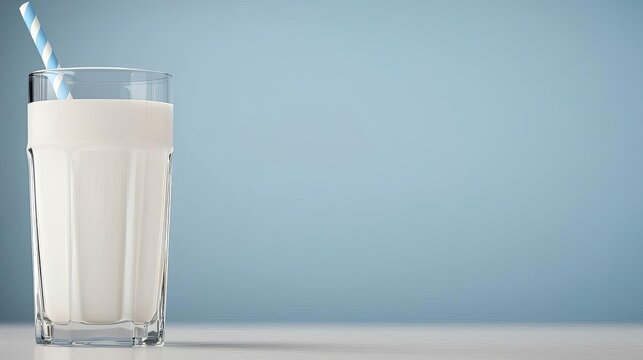 Fresh milk in a glass with a straw. World Milk Day