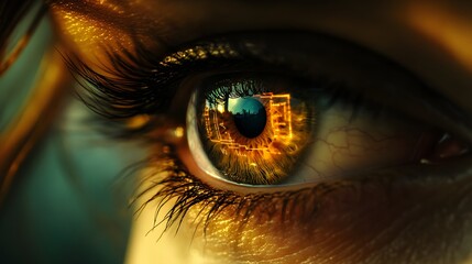 Close-up of a human eye with digital interface overlay and city reflection, representing futuristic technology.
