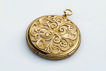A sophisticated gold locket with a filigree pattern displayed on a white background