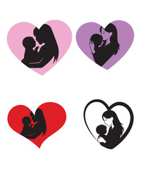 Mother and child heart silhouette vector set.