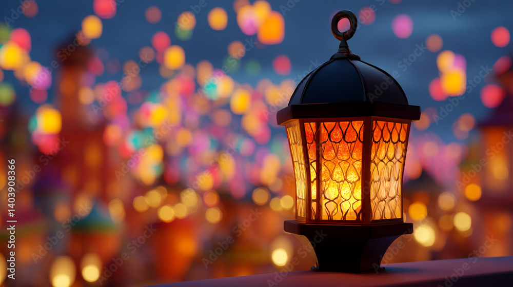 Poster illuminated lantern with patterned glass, warm orange glow, against blurred background of colorful l