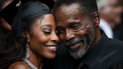 A joyful graduating daughter hugging her proud father close together