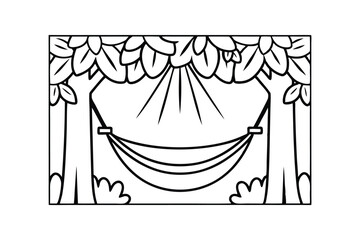Hand Drawn Hammock Scene Suspended Between Two Trees In The Forest Under The Bright Rays Of Sunlight