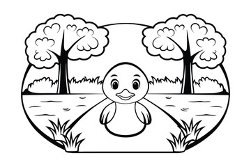Black And White Cartoon Duck Illustration In Pond Scene With Trees And Grass Coloring Page Perfect For Kids