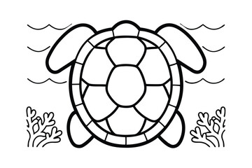 Line Art Sea Turtle With Simple Ocean Waves And Coral In Black And White Outline Style