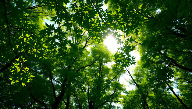 looking up into the canopy of a green forest