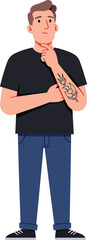 Fototapeta premium Young man with tattoos in casual attire standing confidently with a thoughtful expression in flat vector art
