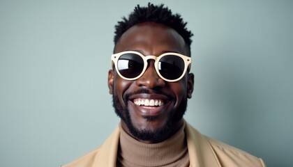 Obraz premium Portrait of a cheerful black skinned man with elegant sunglasses and trendy attire, showcasing confidence and a joyful personality against a neutral background.