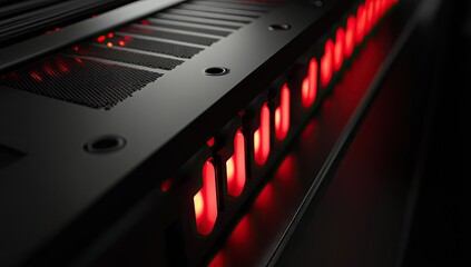 Server rack with glowing red LEDs
