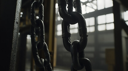 Heavy chains hang in a dim, cavernous industrial space. Strong steel links are showcased against a bright window background, emphasizing texture and form.