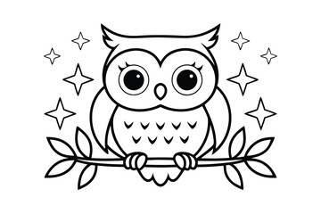 Simple Owl On Branch With Stars Line Art Illustration For Coloring Books And Cute Animal Designs