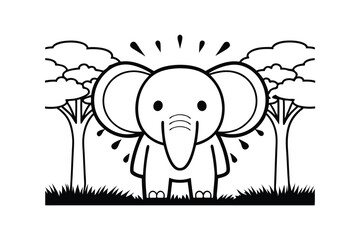 Cute Cartoon Elephant With Trees In A Forest Black And White Vector Illustration For Children Coloring Books