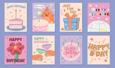 Happy Birthday Card Set. Adorable greeting cards with cute cat, birthday cake, gift box and balloons. Designs for congratulations on holiday. Flat vector illustration collection isolated on background