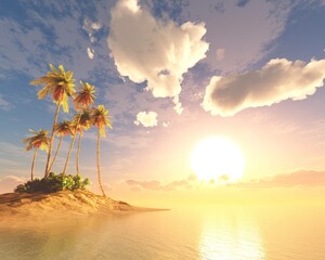 Beautiful beach with palm trees at sunset, panorama of a tropical landscape, sea sunset,
3d rendering