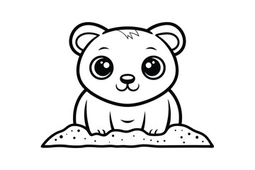 Cute Cartoon Bear Cub Sitting On Sand Or Ground Black And White Line Art Illustration