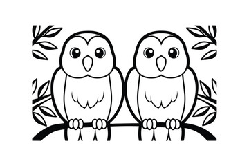 Obraz premium Two Cute Owls Sitting On A Branch Vector Illustration Black And White Line Art Style Design For Children