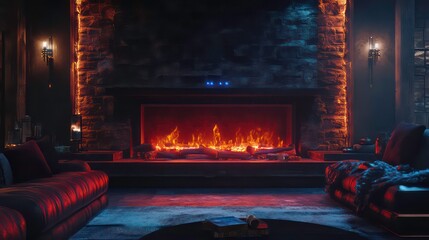 Cozy living room with a fireplace, couches, and warm lighting.