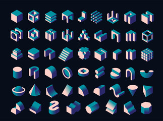 Set of architectural blocks. Abstract icons with geometric figures, cube, cylinder, arches and steps. Creative design elements. Isometric 3D vector illustration collection isolated on background