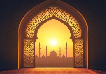 Ornate archway, sunset view of mosque
