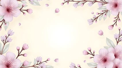 Naklejka premium Elegant Watercolor Cherry Blossom Frame with Pink Flowers, Green Leaves, and Falling Petals on Beige Background