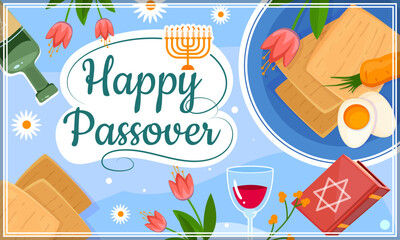 Happy Passover banner. Colorful poster or greeting card with Wine, food and flowers to celebrate religious Jewish holiday. Design element for social networks. Cartoon flat vector illustration