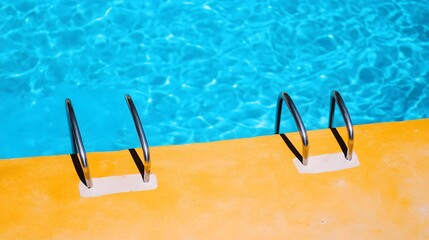 Bright Yellow Pool Deck with Metal Ladders and Blue Water