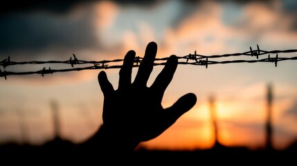 Silhouette Hand Reaching for Barbed Wire Fence at Sunset Hope Concept