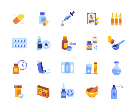 Pharmaceutical dosage icons set. Colorful signs with syringe, pills, suppositories, syrup and spray with medicine. Design elements for app. Flat vector illustration collection isolated on background