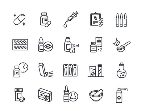 Pharmaceutical dosage line icons set. Simple symbols with pills, tablets, syrup, spray and inhaler for treating diseases. Editable stroke. Outline vector illustration collection isolated on background