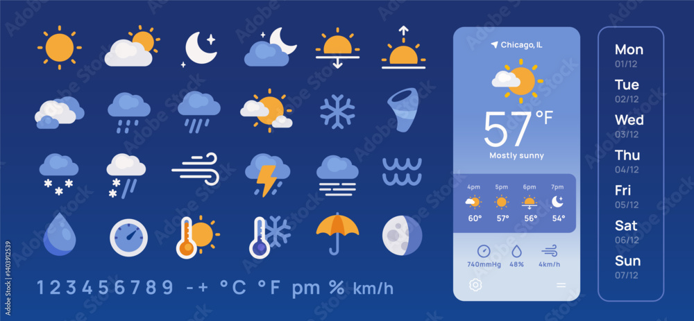 Fototapete weather icon set. simple colorful icons with meteorological elements, cloud, sun, rain, moon and win