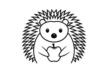 Cute Hedgehog Holding Apple Illustration In Black And White Suitable For Childrens Book Or Coloring Page