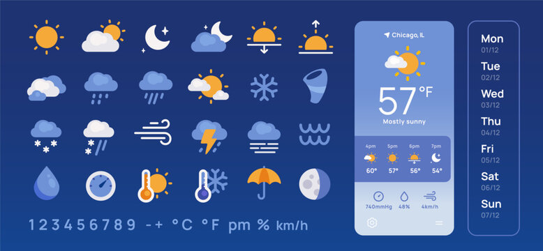 Weather icon set. Simple colorful icons with meteorological elements, cloud, sun, rain, moon and wind. Design element for app. Flat vector illustration collection isolated on background