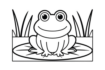 Smiling Cartoon Frog Sitting On A Lily Pad Surrounded By Grass Vector Black And White Illustration