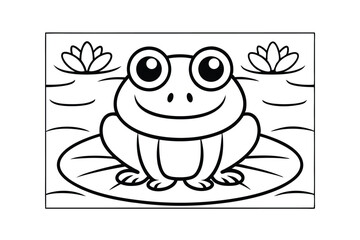 Cartoon Frog Sitting On A Lily Pad With Water Lilies Black And White Line Art Style Illustration