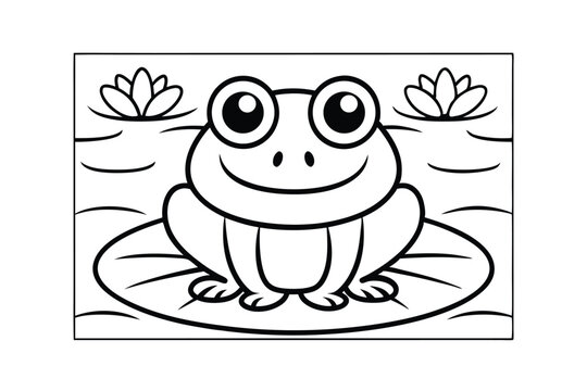 recommend clip art: Cartoon Frog Sitting On A Lily Pad With Water Lilies Black And White Line Art Style Illustration