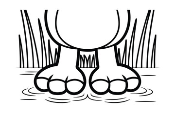 Cartoon Monster Feet Standing In Shallow Water With Tall Grass Black And White Outlines
